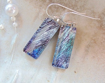 Boucles d'oreilles vertes, violet, bleu, rose, boucles d'oreilles dichroïques, bijoux en verre, pendentif, boucles d'oreilles en verre fusionné, argent sterling, A4, NEUF