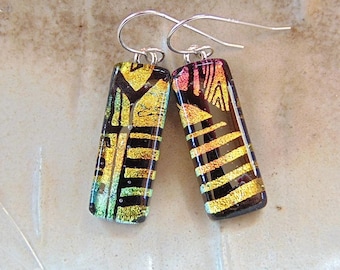 Gold Earrings, Pink, Green, Black, Dichroic Earrings, Glass Jewelry, Dangle, Fused Glass Earrings, Sterling Silver, A1