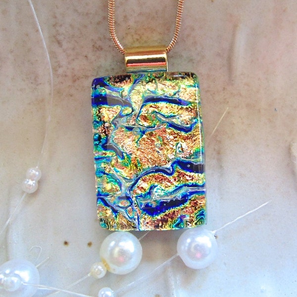 Dichroic Glass Pendant, Glass Jewelry, Gold, Peach, Aqua, Necklace Included