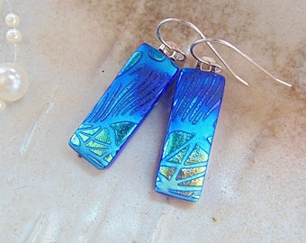 Blue Earrings, Green, Gold, Dichroic Earrings, Handmade, Glass Earrings, Dangle, Sterling Silver, A1, NEW