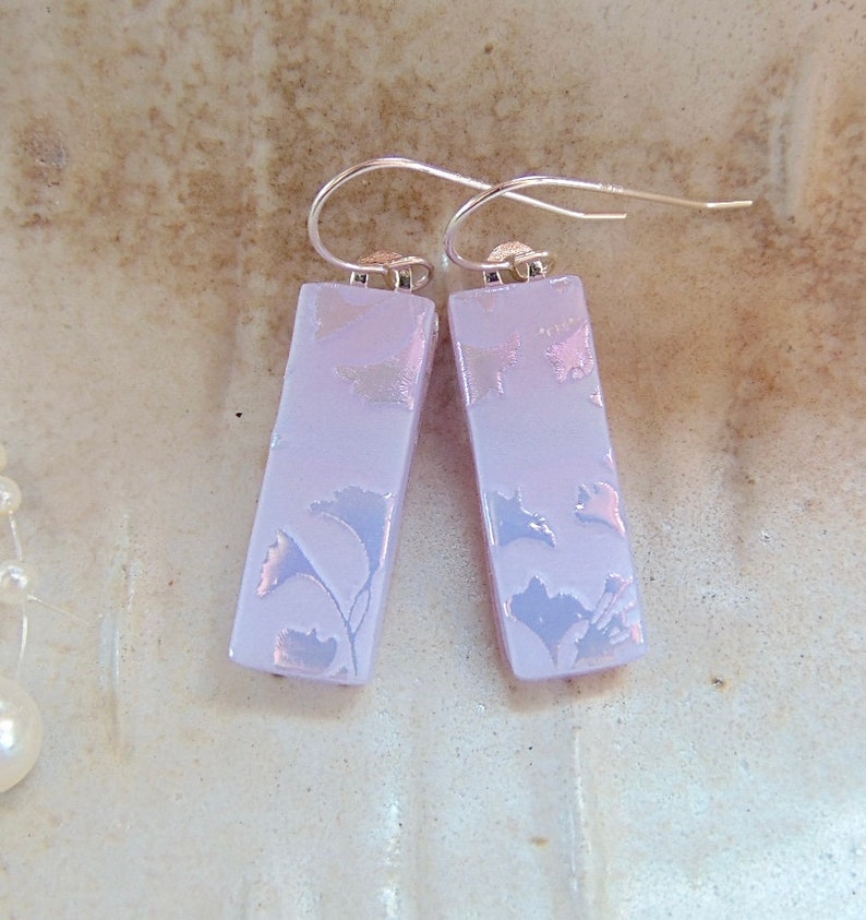 Lavender Earrings, Pink, Pastel, Dichroic Earrings, Fused Glass Earrings, Dangle, Sterling Silver, A12 image 1