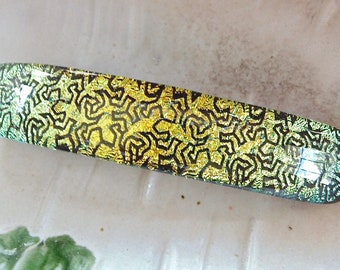 Large Dichroic Glass Barrette, Fused Glass, Gold, Black, French Made Barrette Clip