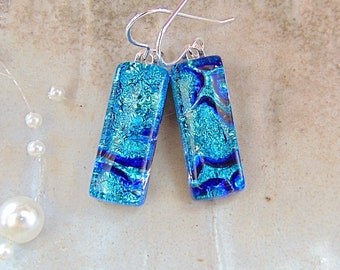 Green Earrings, Blue, Dichroic Glass, Fused Glass Jewelry, Dangle, Sterling Silver, A1