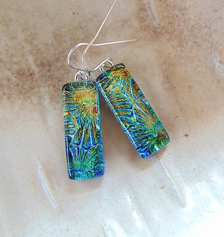 Green Earrings, Blue, Dichroic Glass Earrings, Fused Glass Jewelry