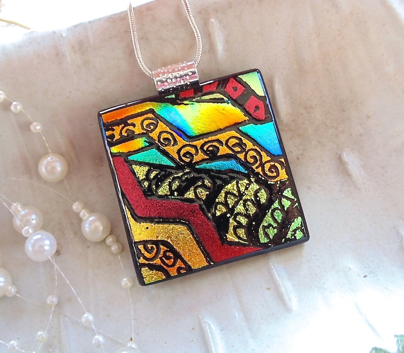 A6 Gold Pendant Red LARGE Zentangle Green Blue Fused Glass Jewelry Dichroic Glass Pendant Hand Engraved Necklace Included
