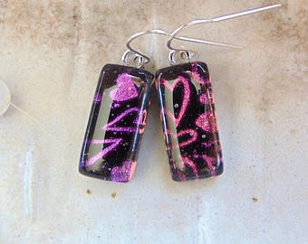 Pink Earrings, Black, Dichroic Glass Earrings, Glass Jewelry, Dangle, Sterling Silver, Handmade, A17