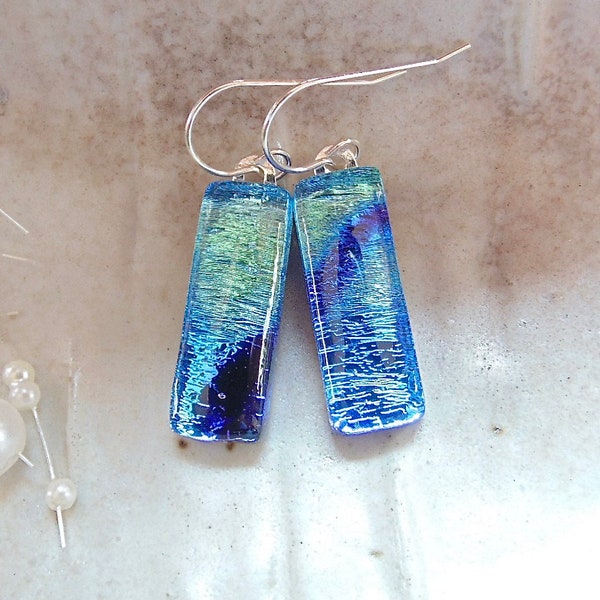 Blue Earrings, Purple, Aqua, Dichroic Glass, Fused Glass Jewelry, Dangle, Sterling Silver, A6