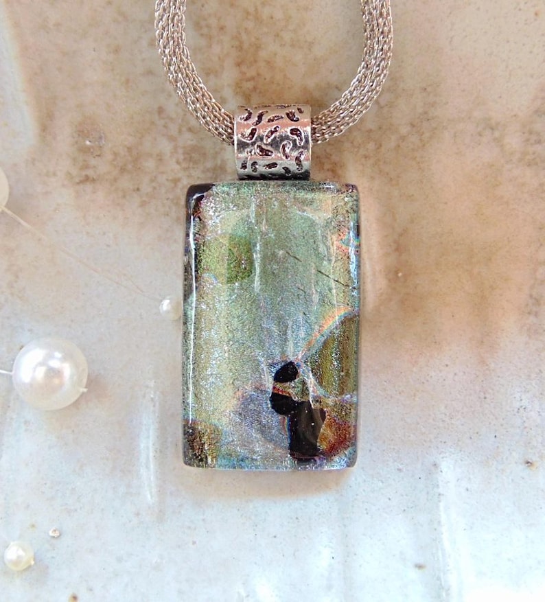 Green Necklace, Petite, One of a Kind, Dichroic Pendant, Fused Glass