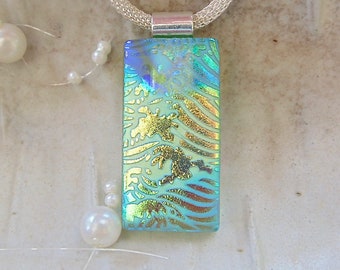 Green Necklace, Blue, Gold, Dichroic Pendant, Glass Jewelry, Fused Glass Pendant, Necklace Included, A7