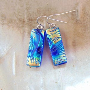 Blue Earrings, Green, Gold, Dichroic Earrings, Glass Earrings, Dangle, Handmade, Fused Glass Earrings, Sterling Silver, A7