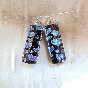 Blue Earrings, Black, Hearts, Dichroic Earrings, Fused Glass Earrings, Glass Earrings, Dangle, Sterling Silver, A4