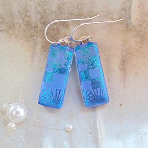 Blue Earrings, Green, Dichroic Earrings, Glass Earrings, Dangle, Handmade, Fused Glass Earrings, Sterling Silver, A12
