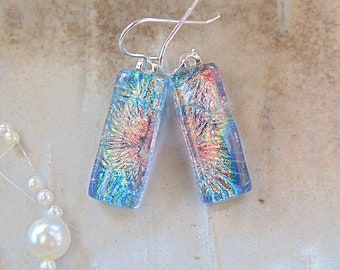 Pink Earrings, Blue, Gold, Green, Fused Glass Jewelry, Fused Dichroic Glass Earrings, Dangle, Sterling Silver, A15, NEW