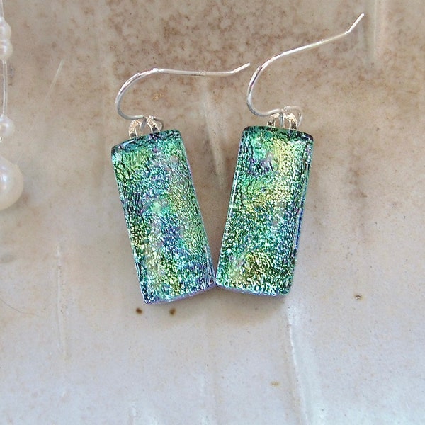 Green Earrings, Dichroic Glass Earrings, Fused Glass Jewelry, Dangle, Sterling Silver, A10