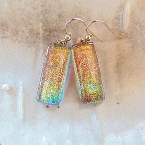 Gold Earrings, Blue, Green, Dichroic Earrings, Fused Glass Jewelry, Dangle, Gold Filled, A16