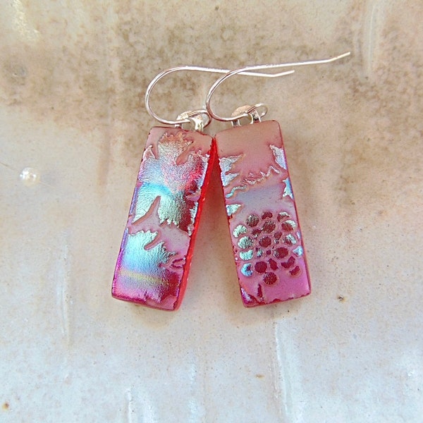 Burgundy Earrings, Purple, Pink, Red, Dichroic Earrings, Glass Earrings, Dangle, Sterling Silver, A5, NEW