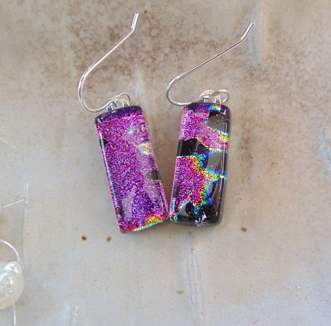 Pink Earrings Purple Dichroic Glass Earrings Glass Jewelry Etsy UK
