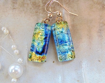 Blue Earrings, Gold, Petite, Dichroic Earrings, Fused Glass Jewelry, Dangle, Gold Filled, A5