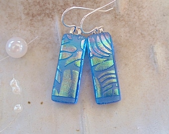 Blue Earrings, Rainbow, Gold, Dichroic Earrings, Handmade, Rainbow, Glass Earrings, Dangle, Sterling Silver, A7