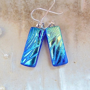 Blue Earrings, Green, Gold, Dichroic Earrings, Handmade, Glass Earrings, Dangle, Sterling Silver, A1