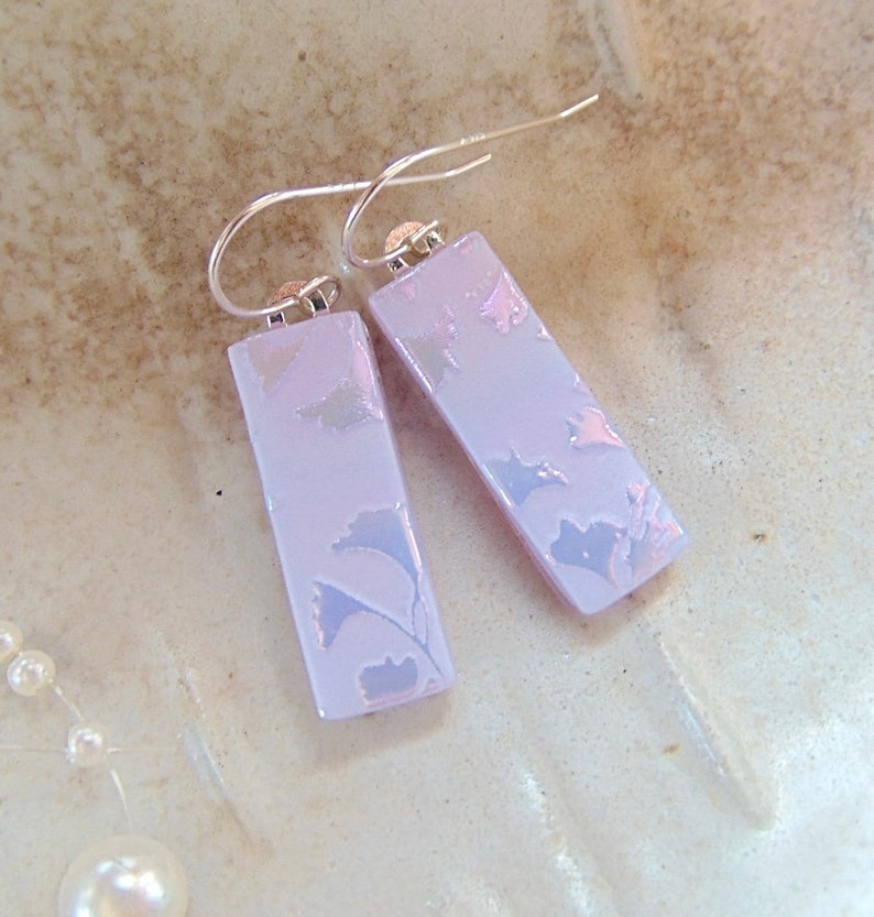 Lavender Earrings, Pink, Pastel, Dichroic Earrings, Fused Glass Earrings, Dangle, Sterling Silver, A12 image 3