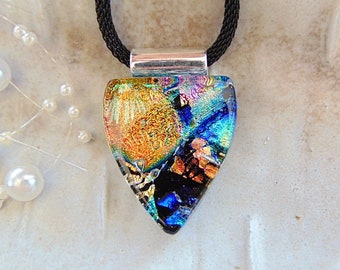 Dichroic Glass Pendant, Gold, Orange, Blue, Green, Fused Glass Jewelry, Necklace Included, One of a Kind, A17, NEW