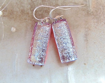 Silver Earrings, Red, Fused Dichroic Glass Earrings, Dangle, Sterling Silver, A8