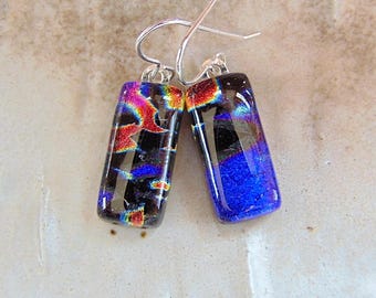Blue Earrings, Red, Black, Dichroic Glass Earrings, Fused Glass Jewelry, Dangle, Sterling Silver, A11