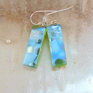 Blue Earrings, Silver, Green, Dichroic Earrings, Glass Earrings, Dangle, Sterling Silver, A13