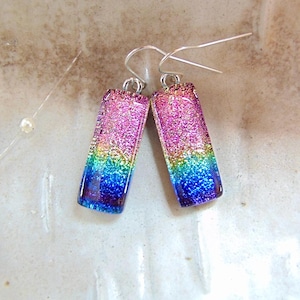 Rainbow Earrings, Blue, Pink, Green, Gold, Dichroic Earrings, Glass Jewelry, Dangle, Fused Glass Earrings, Sterling Silver, A2