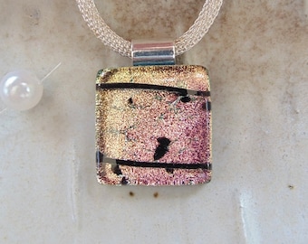 Pink, Black, Petite, Necklace, Dichroic Glass Pendant, Fused Jewelry, Necklace, One of a Kind, A1