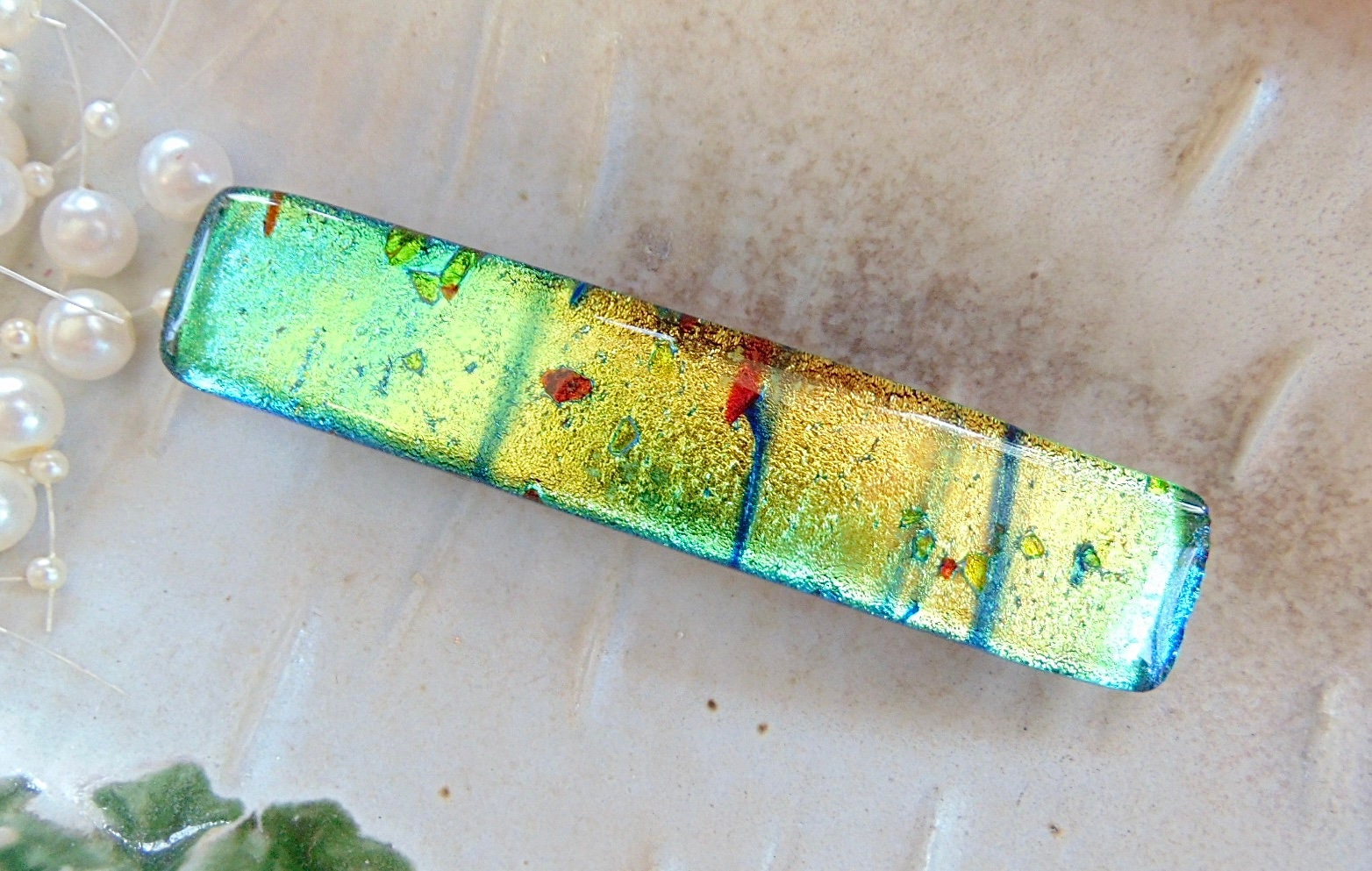 Fused glass gree and gold barrettes with dicrotic glass sparkle! Fused Glass Barrette-spiral Dichroic in Gold & Green - Etsy main image 3