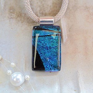 Teal Necklace, Blue, Green, Black, Petite, Dichroic Glass Pendant, Fused Glass Jewelry, Necklace Included, A9