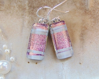 Pink Earrings, White, Dichroic Glass Earrings, Glass Jewelry, Dangle, Fused Glass Earrings, A9