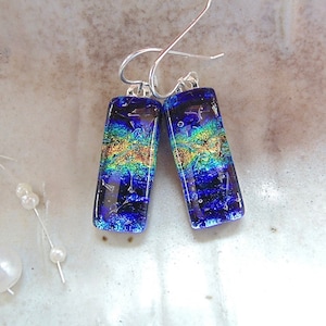 Blue Earrings, Green, Gold, Rainbow, Dichroic Earrings, Glass Jewelry, Dangle, Fused Glass Earrings, Sterling Silver, A10