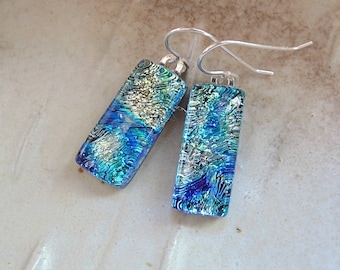 Blue Earrings, Aqua, Dichroic Glass Earrings, Fused Glass Jewelry, Dangle, Sterling Silver, A12