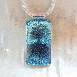 Tree of Life Necklace, Blue, Black, Fused Glass Pendant, Necklace, Dichroic Glass Jewelry, Necklace Included, A12