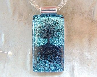 Tree of Life Necklace, Blue, Black, Fused Glass Pendant, Necklace, Dichroic Glass Jewelry, Necklace Included, A12, NEW