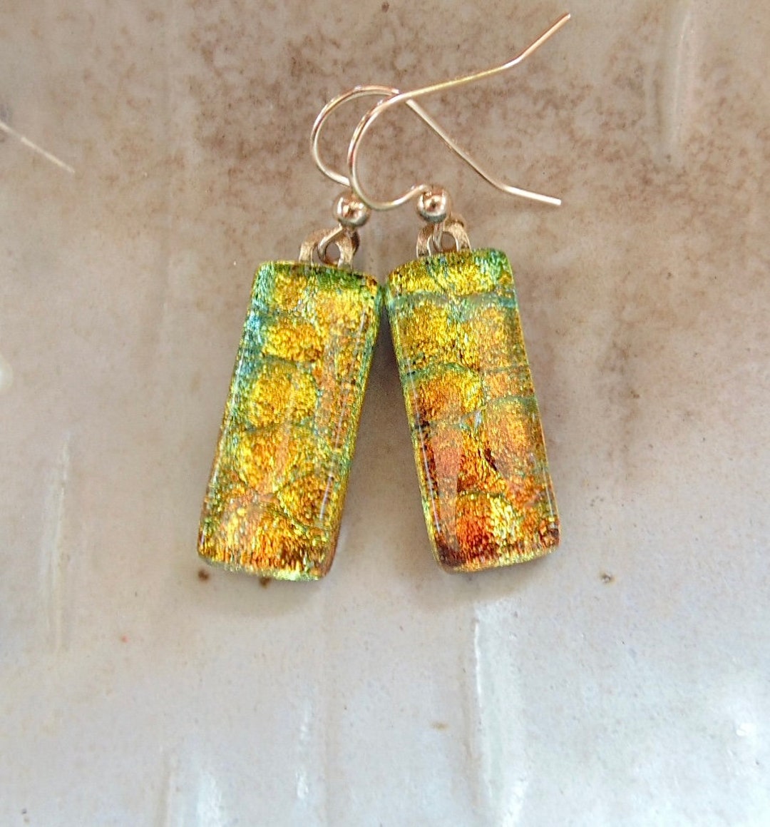 Orange Earrings Green Gold Dichroic Glass Earrings Fused - Etsy