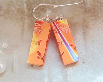 Orange Earrings, Blue, Gold, Butterfly, Dichroic Earrings, Glass Earrings, Dangle, Sterling Silver, A3