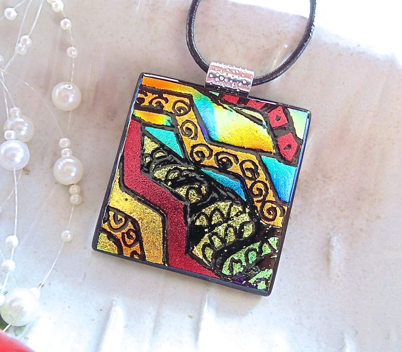 A6 Gold Pendant Red LARGE Zentangle Green Blue Fused Glass Jewelry Dichroic Glass Pendant Hand Engraved Necklace Included