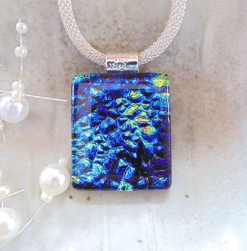 Gold Fused Glass Jewelry A2 Dichroic Glass Pendant Green Blue Necklace Necklace Included