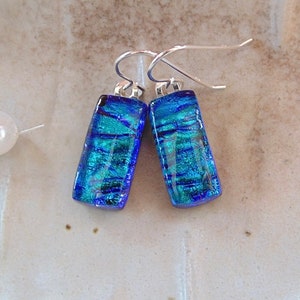 Green Earrings, Blue, Petite, Dichroic Glass, Fused Glass Jewelry, Dangle, Sterling Silver, A15