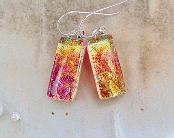 Pink Earrings, Gold, Red, Fused Glass Jewelry, Fused Dichroic Glass Earrings, Dangle, Sterling Silver, A15