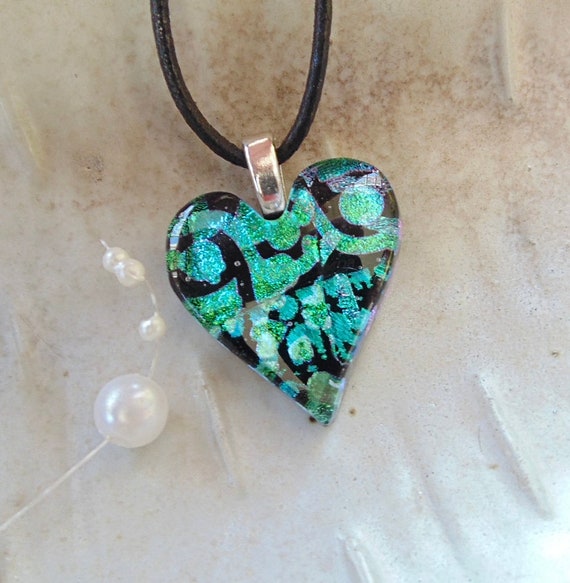 Fused Glass Heart Pendant Handmade Dichroic Jewelry with Fabric