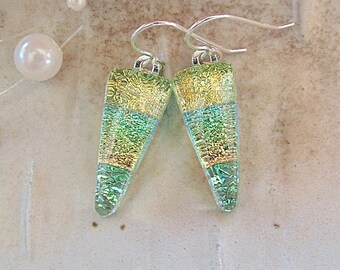 Green Earrings, Gold, Rainbow, Dichroic Glass Earrings, One of a Kind, Fused Glass Earrings, Dangle, Sterling Silver, A7