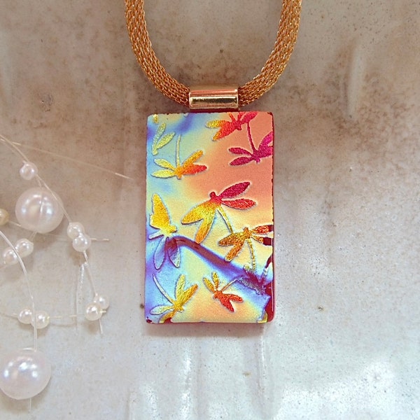 Orange Necklace, Gold, Blue, Red, Green, Dragon Fly, Dichroic Pendant, Fused Glass Jewelry, Necklace Included, A4