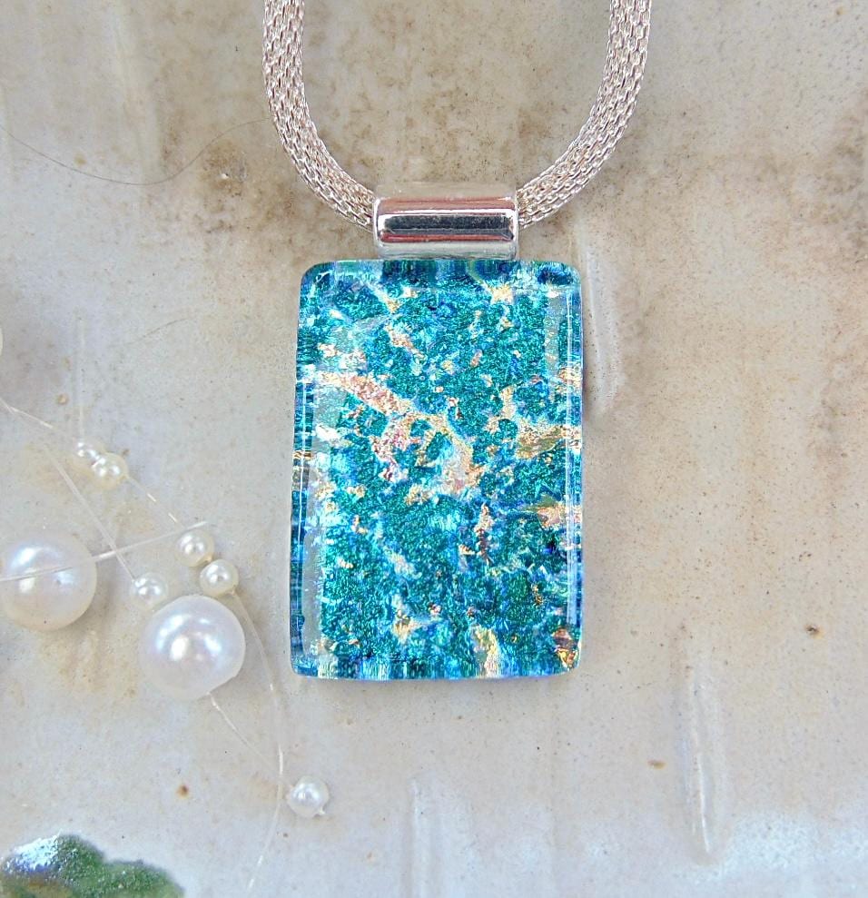 Green Necklace, Gold, Orange, One of a Kind, Dichroic Pendant, Fused Glass Jewelry, Fused Necklace, Necklace Included, A12
