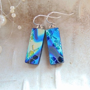 Blue Earrings, Green, Gold, Black, Dichroic Earrings, Glass Earrings, Dangle, Handmade, Fused Glass Earrings, Sterling Silver, A3