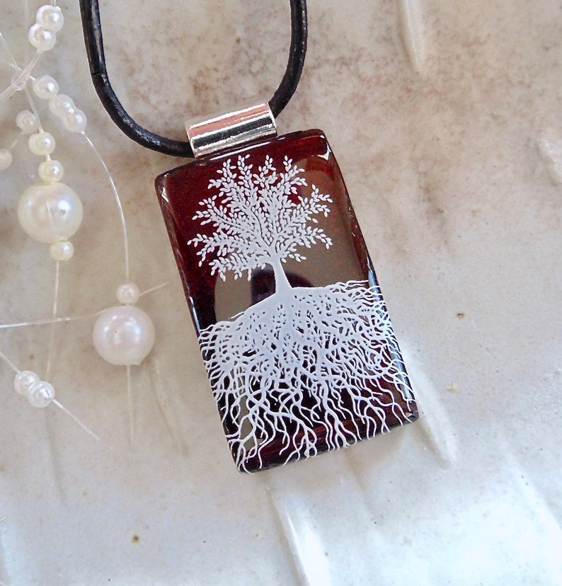 Black Amber White Dichroic Glass Pendant Fused Glass Jewelry Necklace Included Tree of Life Pendant A10